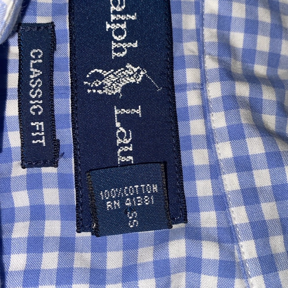 Ralph Lauren Classic Fit Short Sleeve Gingham Blue White Button Down 100% Cotton - Picture 8 of 12